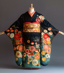 Naklejka premium A woman wearing a black kimono with floral patterns
