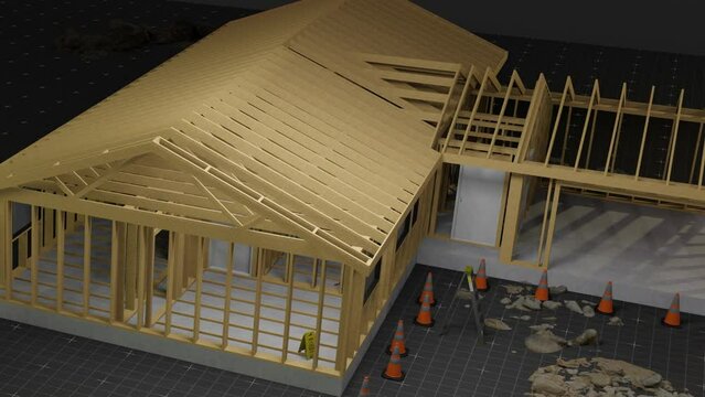 under construction house site, frame structure, with large machines, seamless looping 3D blueprint animation