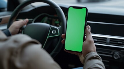 Man Using Smartphone with Green Mockup Screen While Driving a Car