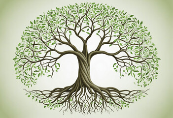 Fototapeta premium An artistic representation of interconnected life cycles in nature, depicted through a lush, circular tree with symmetrical branches and roots