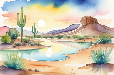 Dawn over a desert landscape with a beautiful reflection in an oasis made in watercolor