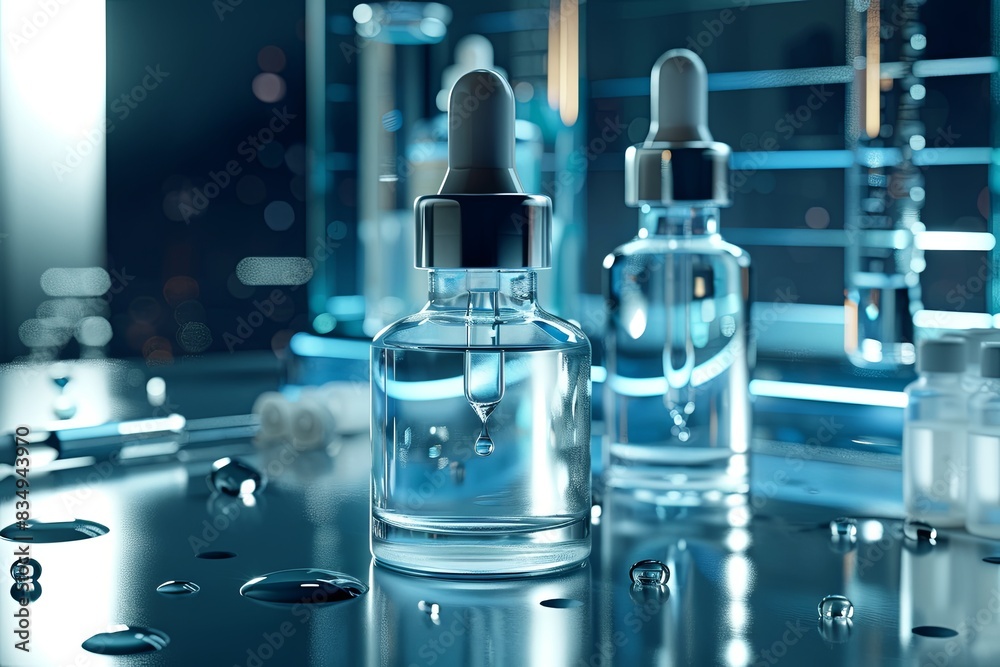 Poster a close-up image of glass serum bottles with droplets on a shiny laboratory surface. generative ai