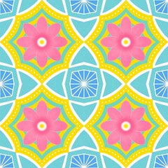 Pink flower seamless pattern with blue background.