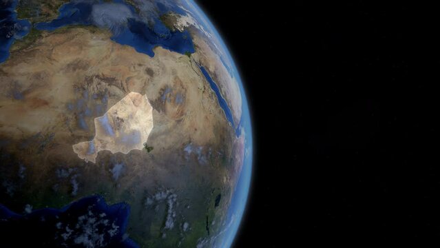 Fly Zoom into Niger, Niamey, Zinder, through space to see the country map region from above from space. Detailed map Showing area, HD and 4K. Animation.