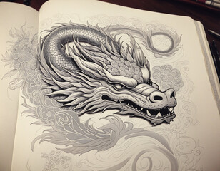 Aesthetic Japanese Sketchbook Illustration of a Mystical Dragon