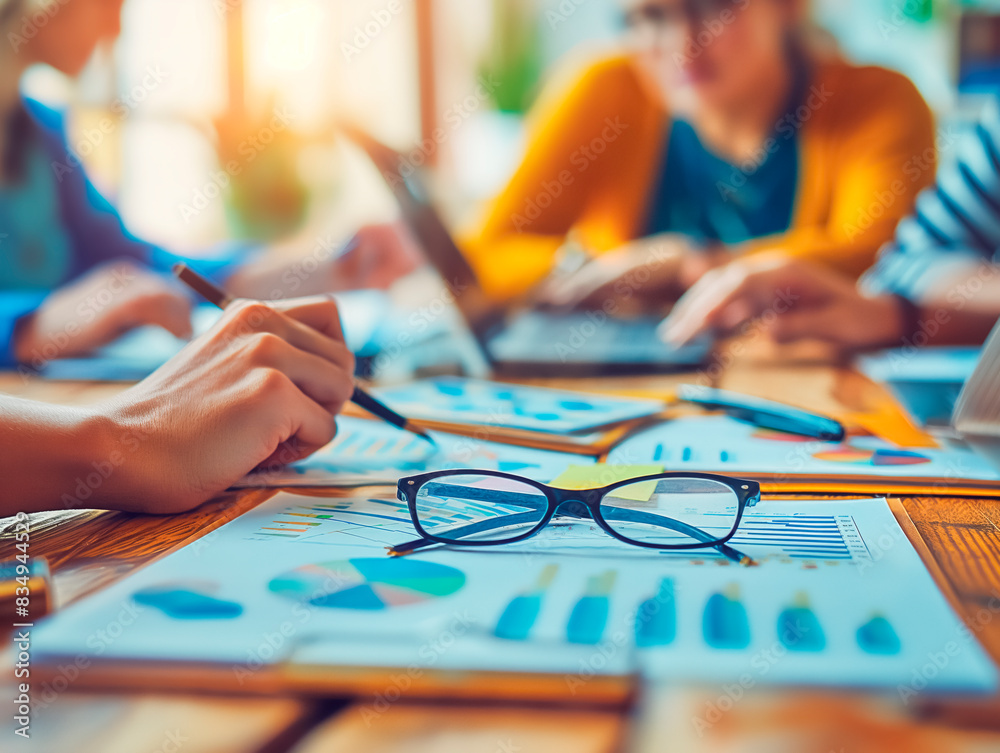 Poster close-up of glasses on financial charts, team working in background, concept of analysis. generative