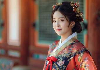 Fototapeta premium Portrait of a young woman in traditional Korean dress, or Hanbok