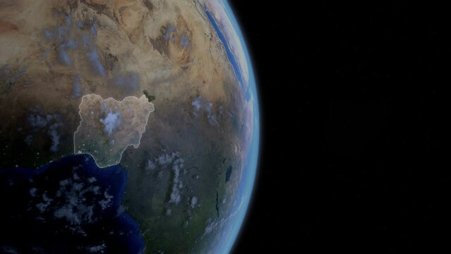 Fly Zoom into Nigeria, Abuja, Lagos, through space to see the country map region from above from space. Detailed map Showing area, HD and 4K. Animation.