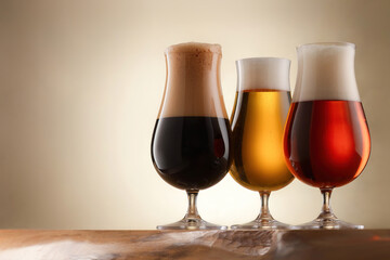 Three glasses full of different kinds of beer on wooden table. Draught beer in glasses on a wooden countertop. Shallow depth of field. Copy space