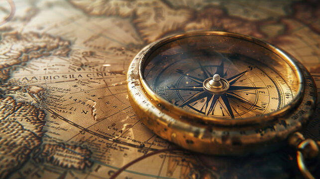 Compass on antique map. 