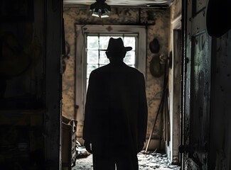 Obraz premium Man in a hat standing in a dark room