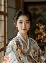 Portrait of a young Korean woman in a traditional white dress