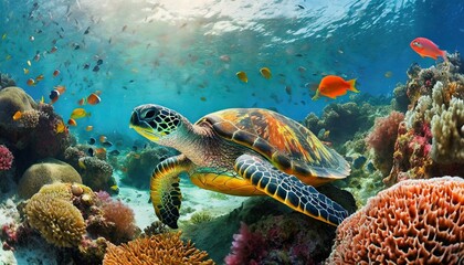 Obraz premium Dynamic underwater landscape with a turtle, various colorful fish, and sea animals, framed by lively coral formations.
