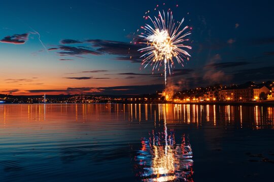 A breathtaking fireworks display illuminating the dark sky above a serene waterfront, casting a mesmerizing reflection in the tranquil waters below.