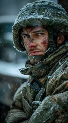 Fototapeta premium Portrait of a soldier in the winter in the snow