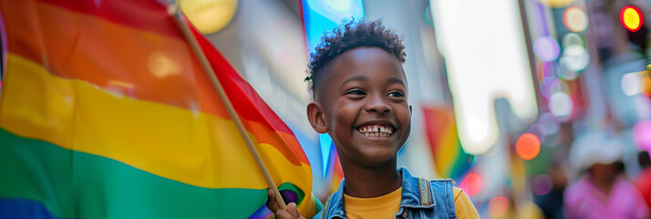 Happy black boy celebrating gay pride month at lgbtq+ community summer festival outdoor event....