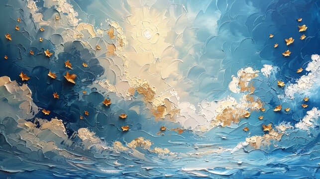 A serene sky blue impasto painting, with the texture mimicking fluffy clouds, decorated with golden sunflower petals. 