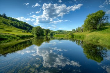 Experience the tranquility of Mirror Lake, where the glassy surface perfectly mirrors a picturesque landscape of rolling hills, creating a stunning reflection of nature's beauty.