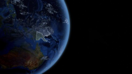 Fly Zoom into Papua New Guinea, through space to see the country map region from above from space. Detailed map Showing area, HD and 4K. Animation.