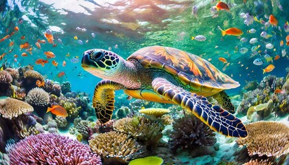 Turtle gliding through an underwater paradise with vibrant fish and sea animals amidst radiant coral reefs.