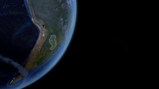 Fly Zoom into Paraguay, Asunci&oacute;n, through space to see the country map region from above from space. Detailed map Showing area, HD and 4K. Animation.