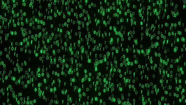 Green glowing binary numbers raining (falling) down on black background. 3D rendering as infinite looping animation of computer coding and digital technology