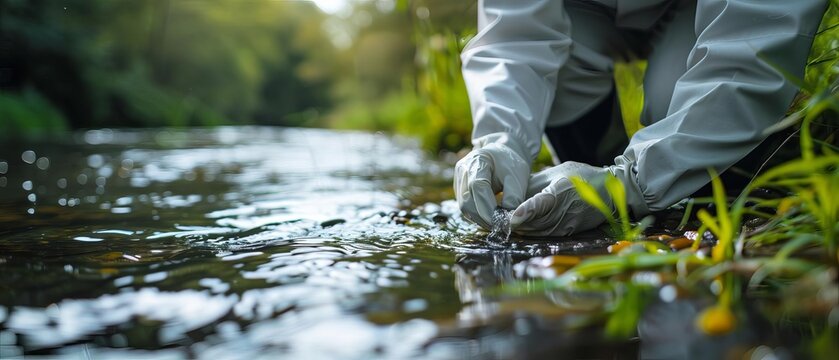 An environmental scientist collecting water samples from a river close up, research theme, realistic, blend mode, riverbank backdrop