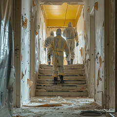 Team of Hazmat Workers in Protective Suits Conducting Asbestos Removal in a Damaged Building