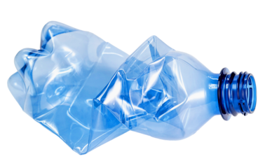 close up used blue transparent PET plastic water bottle on white background, sustainable environment concept.	
