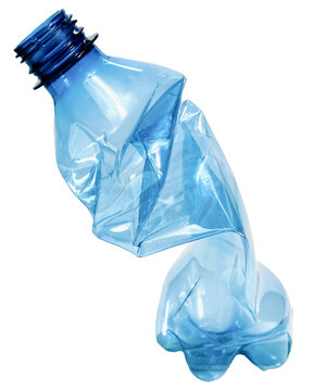 close up used blue transparent PET plastic water bottle on white background, sustainable environment concept.	