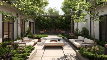 Cozy Modern Outdoor Patio with Lush Green Garden Landscape