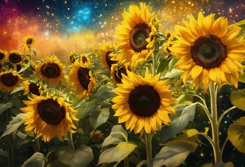 Fototapeta premium Sunflowers and swirls cascading across the backgro