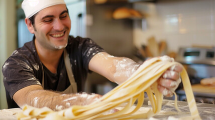 Man preparing traditional italian pasta, dough for spaghetti or noodles,  homemade mediterranean food