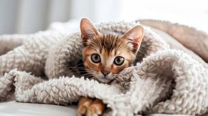 Abyssinian kitten in a soft white blanket
