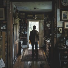 Man standing in a hallway looking out an open door
