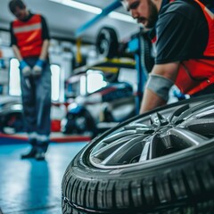 Obraz premium Mechanics at Work in Expert Tire and Wheel Service Garage