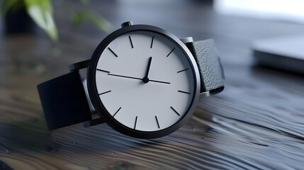Minimalist Analog Clock on Wooden Desk in Office Workspace