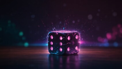 Casino neon background of dice on gaming table with lightning Gaming cube with iridescent holographic effect Concept of online betting and risky games Copy space.