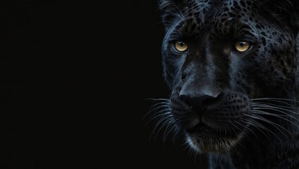 Front view of Panther on black background Wild animals banner with copy space.