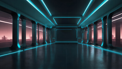 Fototapeta premium Futuristic Tech Illuminated Corridor Interior Design Minimal Light Blue Turquoise Banner Background Wallpaper.