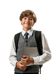 Young student wear school uniform holding laptop