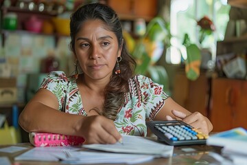 Fototapeta premium Woman working at table with calculator and papers