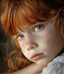 Portrait of a redheaded girl with freckles and blue eyes