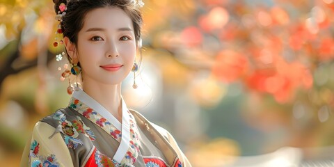 Fototapeta premium Portrait of a smiling woman in traditional Korean dress, or Hanbok
