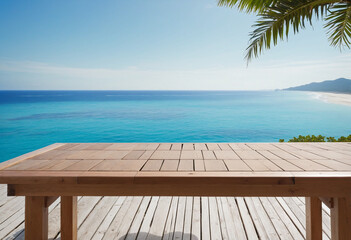 Fototapeta premium Beachside table with a view of the tropical ocean on a sunny summer day
