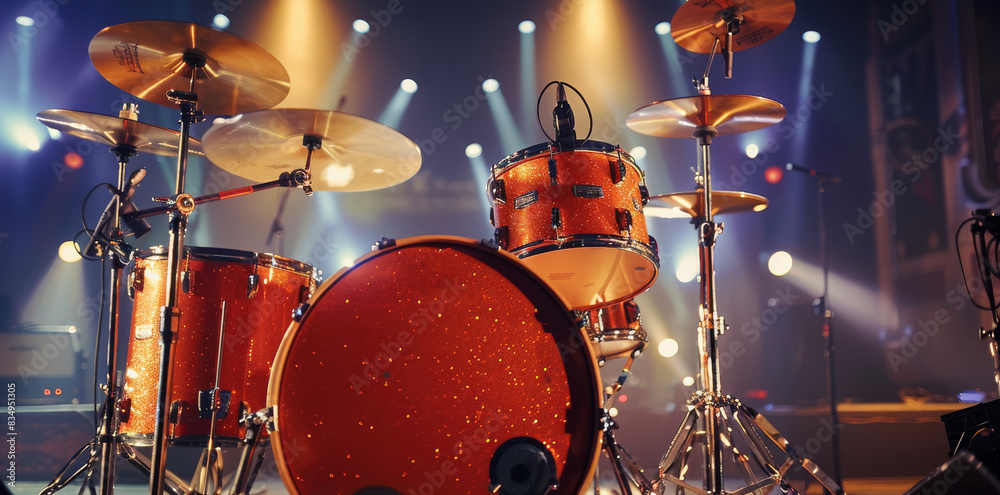 Poster on a stage, a vibrant drum set awaits its performance. generative ai.