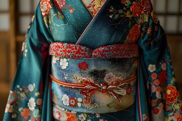 Naklejka premium A woman wearing a kimono with a floral pattern