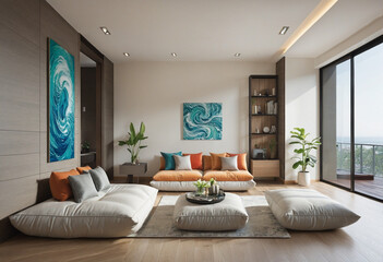 Fototapeta premium An interior oasis showcasing a peaceful water feature, plush floor cushions, and soothing artwork