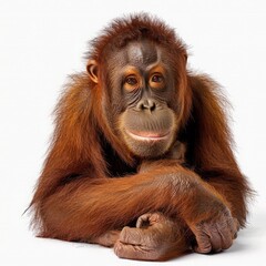 Obraz premium Orangutan with hands up on white background