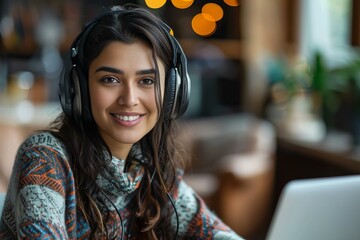 Woman listening music laptop